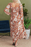 Floral Print Shirred Square Neck High Waist Maxi Dress