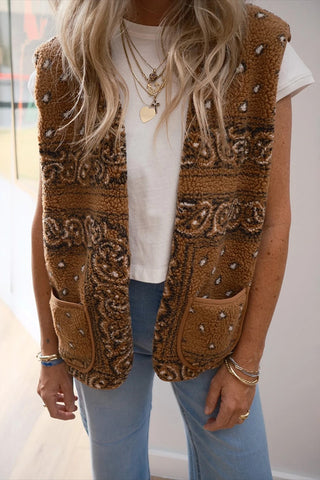 Sherpa Vest Jacket with Paisley Print