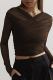 Ruched Mesh Long Sleeve Blouse