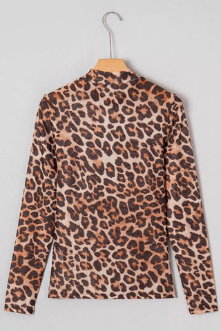 Leopard Print Mock Neck Mesh Top