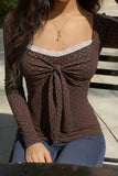 Bow-Front Long Sleeve Polka Dot Top