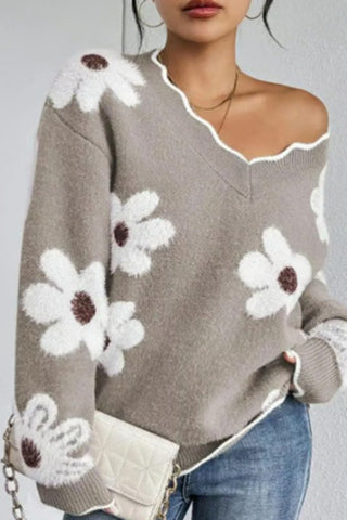 Floral Pattern V-Neck Sweater