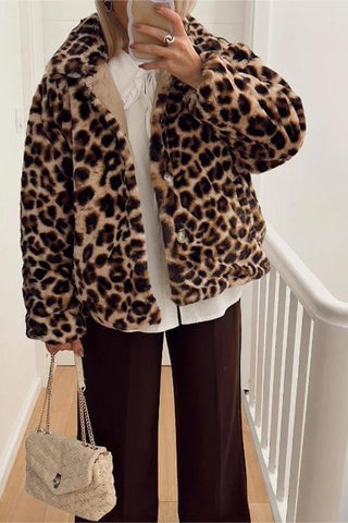 Quilted Button-Down Jacket with Leopard Trim