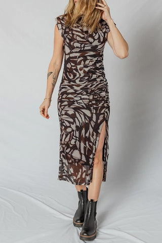 Abstract Print Cowl Neck Midi Dress with Slit
