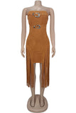 Belted Fringe Strapless Casual Dress