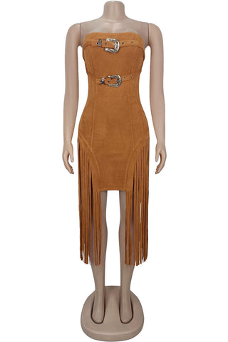 Belted Fringe Strapless Casual Dress