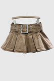 Pleated Denim Skirt with Belt