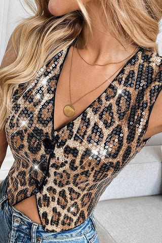 Button-Front Leopard Sequin Tank