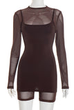 Long-Sleeve Mesh Romper with Layered Dress Set