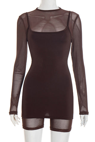 Long-Sleeve Mesh Romper with Layered Dress Set