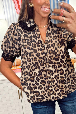 Leopard Button Down Lace Trim Short Sleeve Shirt
