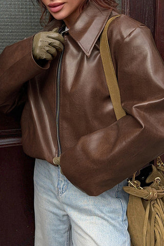 Zip-Front Cropped Faux Leather Jacket