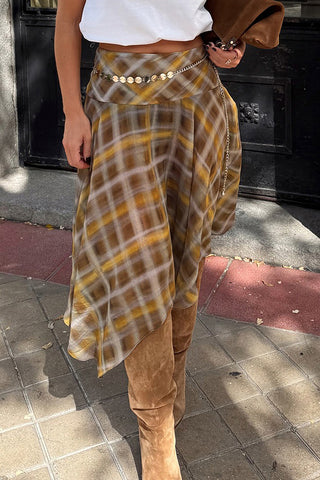 Handkerchief Hem Plaid Midi Skirt