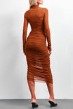Ruched Mesh Turtleneck Midi Dress
