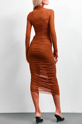 Ruched Mesh Turtleneck Midi Dress
