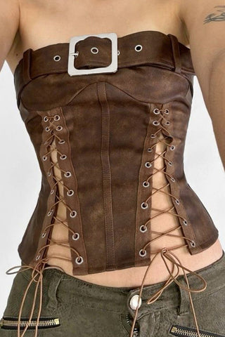 Lace-Up Belted Strapless Top