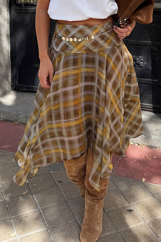 Handkerchief Hem Plaid Midi Skirt