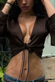 Lace-Up Front Blouse with Flared Sleeves