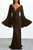 Ruched Bell-Sleeve Evening Dress