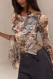 Asymmetrical Hem Floral Animal Print Blouse