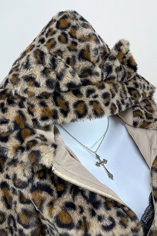 Zip-Up Hooded Leopard Print Jacket
