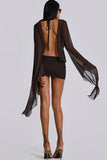 Deep V-Neck Sheer Sleeve Mini Dress