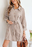 Stripe Knot Waist Puff Sleeve Mini Shirt Dress