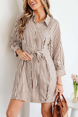 Stripe Knot Waist Puff Sleeve Mini Shirt Dress