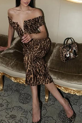 Off-Shoulder Sequined Animal Print Dress