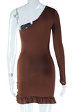 One-Shoulder Belted Ruffle Hem Dress