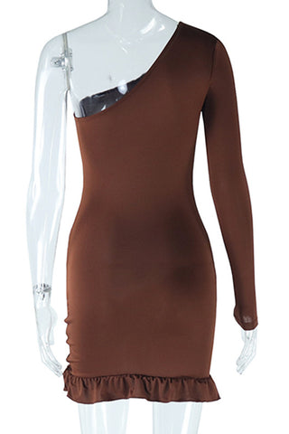 One-Shoulder Belted Ruffle Hem Dress