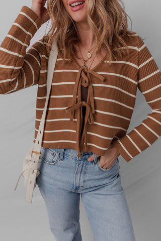 Tie Front Striped Knit V Neck Cardigan Sweater