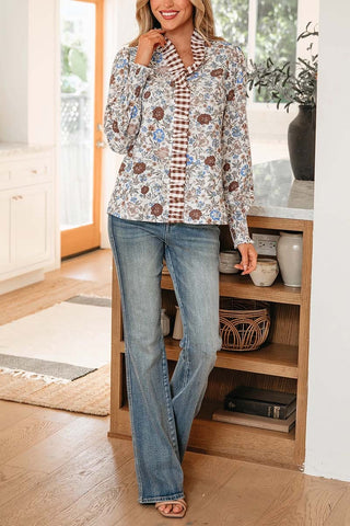 Plaid Frilled Trim V Neck Floral Blouse