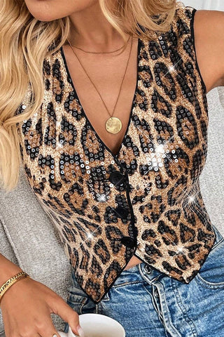 Button-Front Leopard Sequin Tank