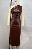 Asymmetric Faux Leather Midi Dress