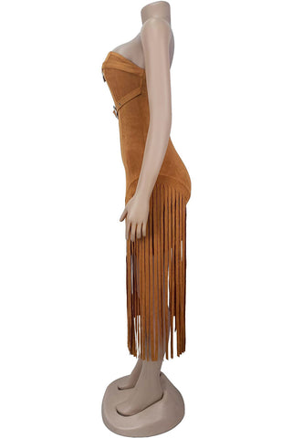 Belted Fringe Strapless Casual Dress