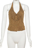 Fringe Halter Buttoned Tank Top