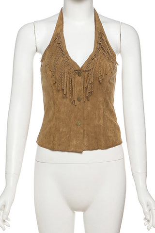 Fringe Halter Buttoned Tank Top