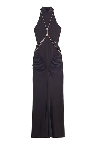 Elegant Halter Evening Gown with Chain Detail