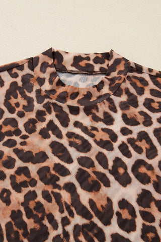 Leopard Print Mock Neck Mesh Top