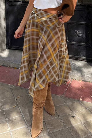 Handkerchief Hem Plaid Midi Skirt