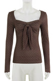 Bow-Front Long Sleeve Polka Dot Top