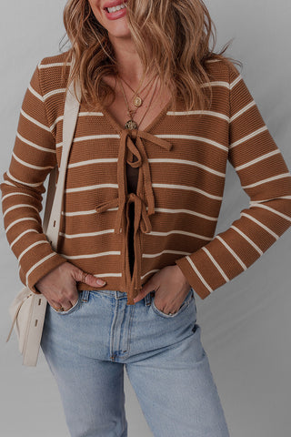 Tie Front Striped Knit V Neck Cardigan Sweater