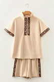 Leopard Trim Zipped Short Sleeve Casual Set