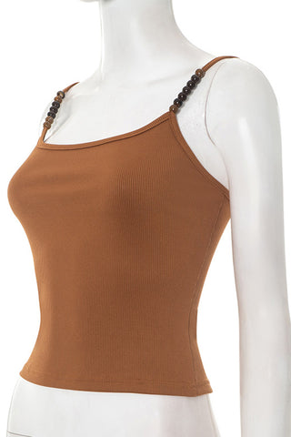 Beaded Strap Ribbed Tank Top