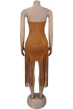 Belted Fringe Strapless Casual Dress