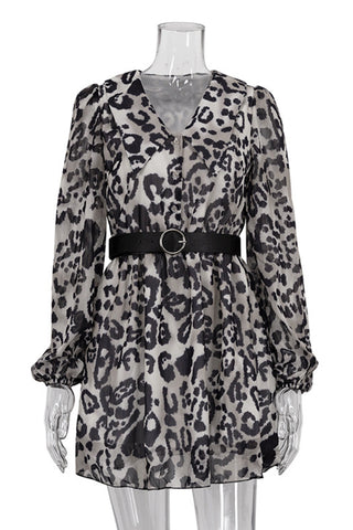 Belted Leopard Print Casual Dress
