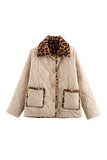 Quilted Button-Down Jacket with Leopard Trim
