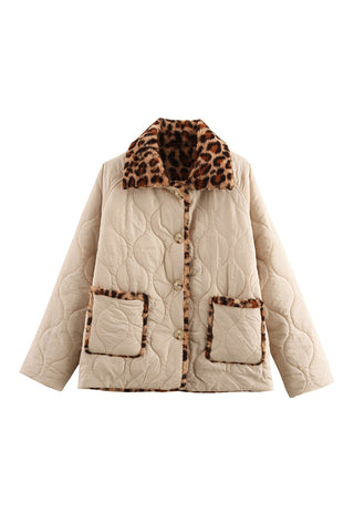 Quilted Button-Down Jacket with Leopard Trim