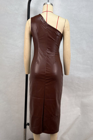 Asymmetric Faux Leather Midi Dress